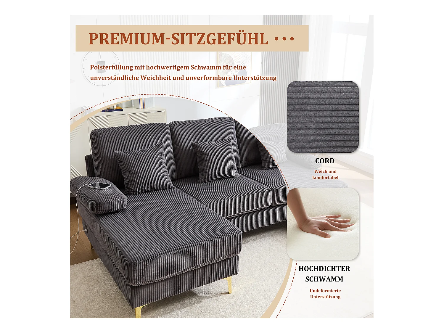 Canapé 4 places - Canapé d'angle modulable en velours gris - Coussins amovibles double épaisseur - LED intégré et port USB - confort ergonomique et soutien optimal