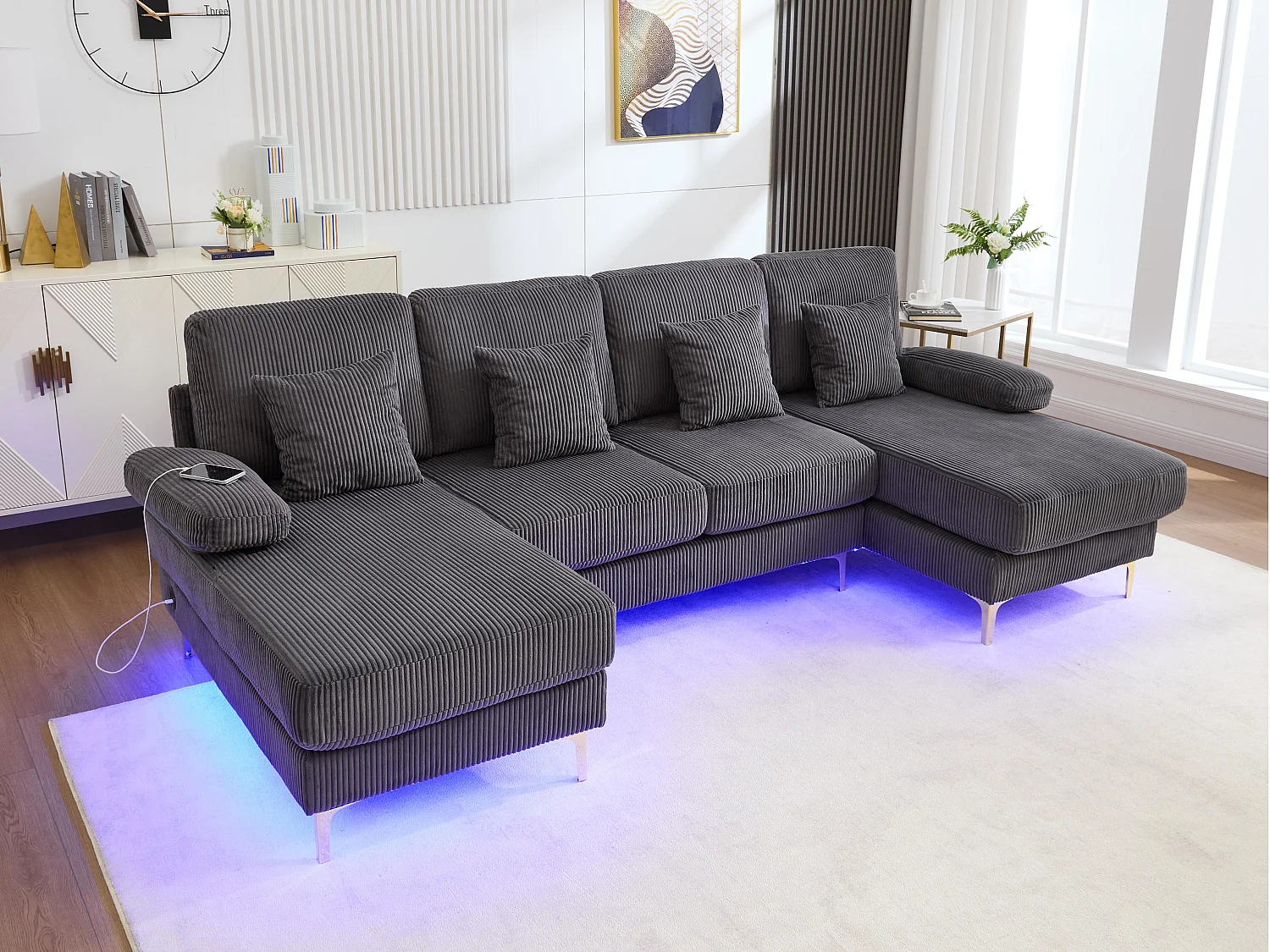 Canapé 4 places - Canapé d'angle modulable en velours gris - Coussins amovibles double épaisseur - LED intégré et port USB - confort ergonomique et soutien optimal