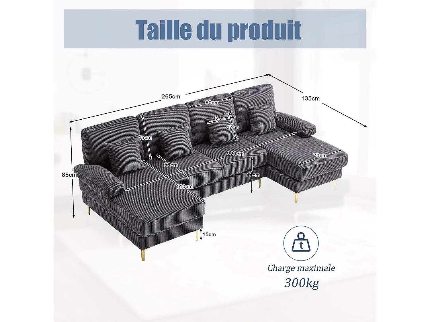 Canapé 4 places - Canapé d'angle modulable en velours gris - Coussins amovibles double épaisseur - LED intégré et port USB - confort ergonomique et soutien optimal