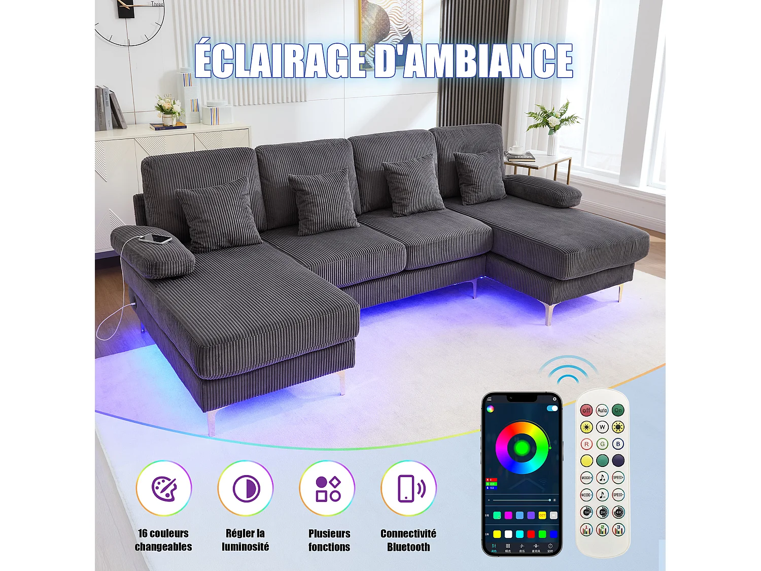 Canapé 4 places - Canapé d'angle modulable en velours gris - Coussins amovibles double épaisseur - LED intégré et port USB - confort ergonomique et soutien optimal