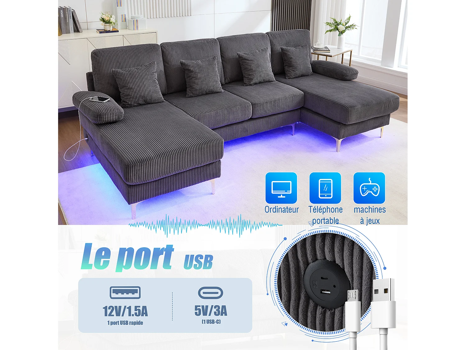Canapé 4 places - Canapé d'angle modulable en velours gris - Coussins amovibles double épaisseur - LED intégré et port USB - confort ergonomique et soutien optimal