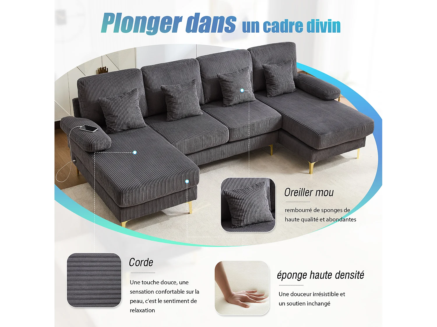 Canapé 4 places - Canapé d'angle modulable en velours gris - Coussins amovibles double épaisseur - LED intégré et port USB - confort ergonomique et soutien optimal