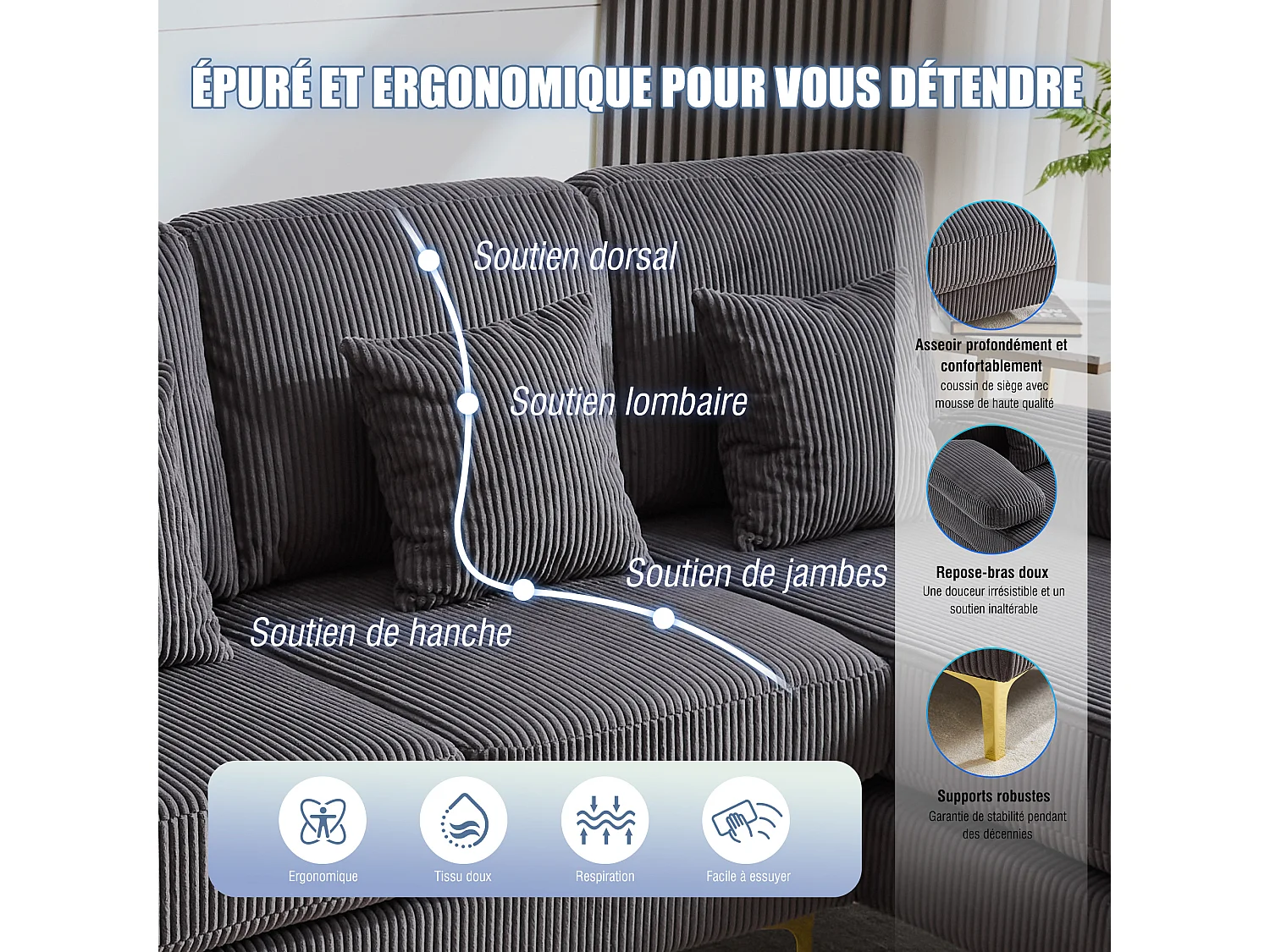 Canapé 4 places - Canapé d'angle modulable en velours gris - Coussins amovibles double épaisseur - LED intégré et port USB - confort ergonomique et soutien optimal
