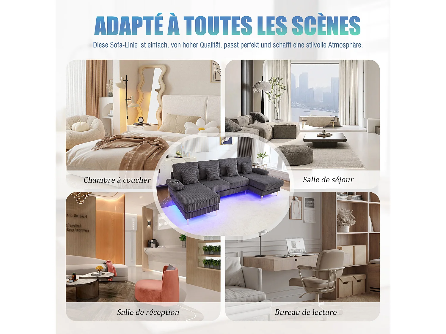 Canapé 4 places - Canapé d'angle modulable en velours gris - Coussins amovibles double épaisseur - LED intégré et port USB - confort ergonomique et soutien optimal