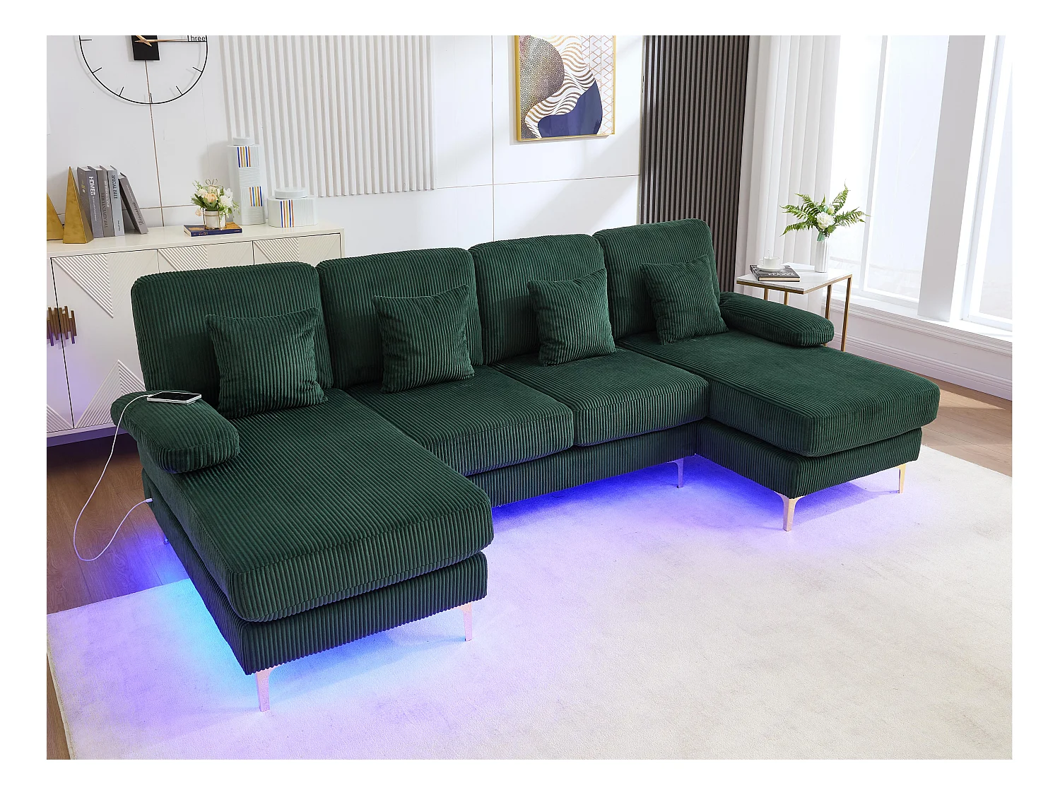 Canapé 4 places - Canapé d'angle modulable en velours vert - Coussins amovibles double épaisseur - LED intégré et port USB - confort ergonomique et soutien optimal