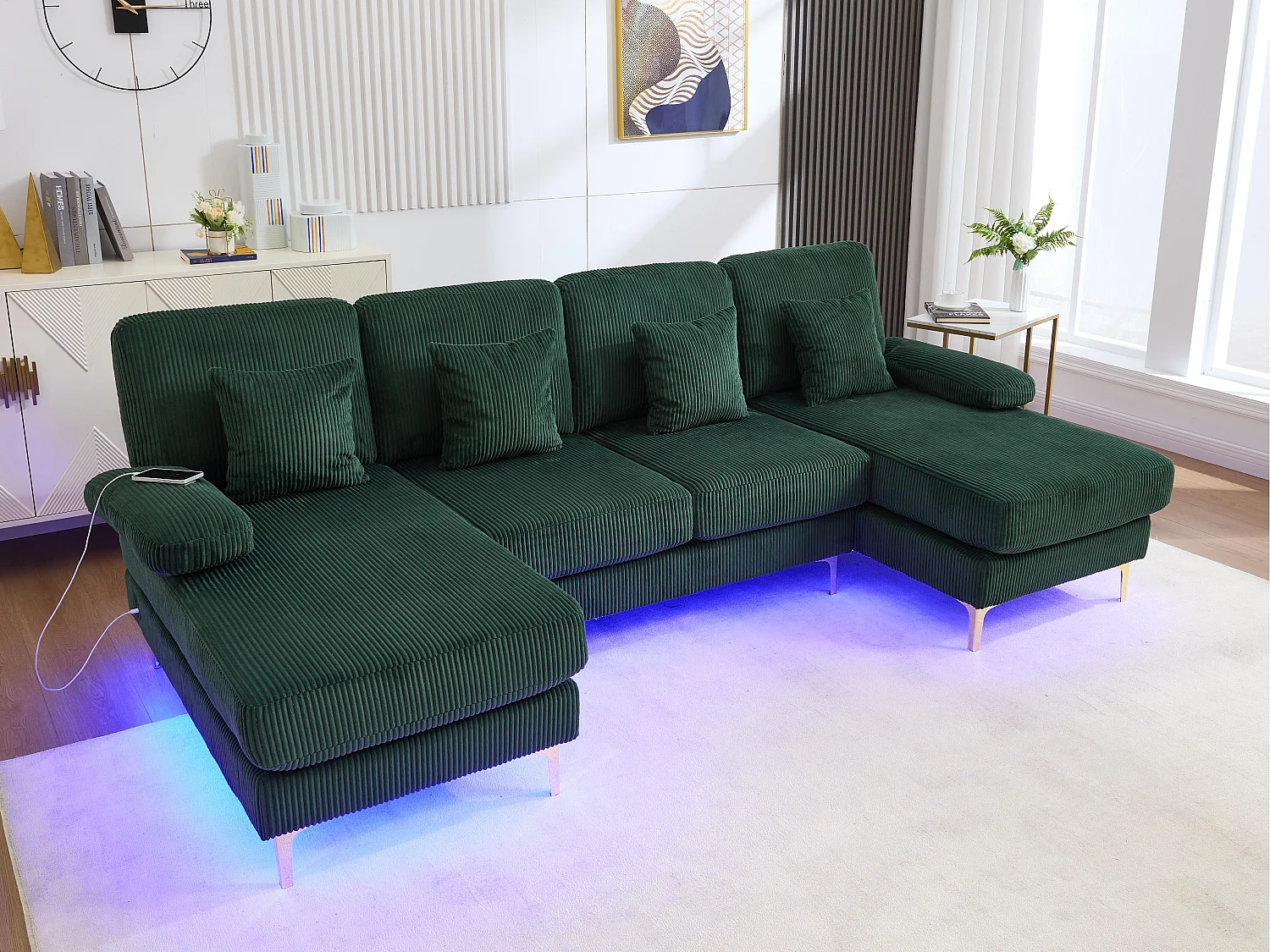 Canapé 4 places - Canapé d'angle modulable en velours vert - Coussins amovibles double épaisseur - LED intégré et port USB - confort ergonomique et soutien optimal