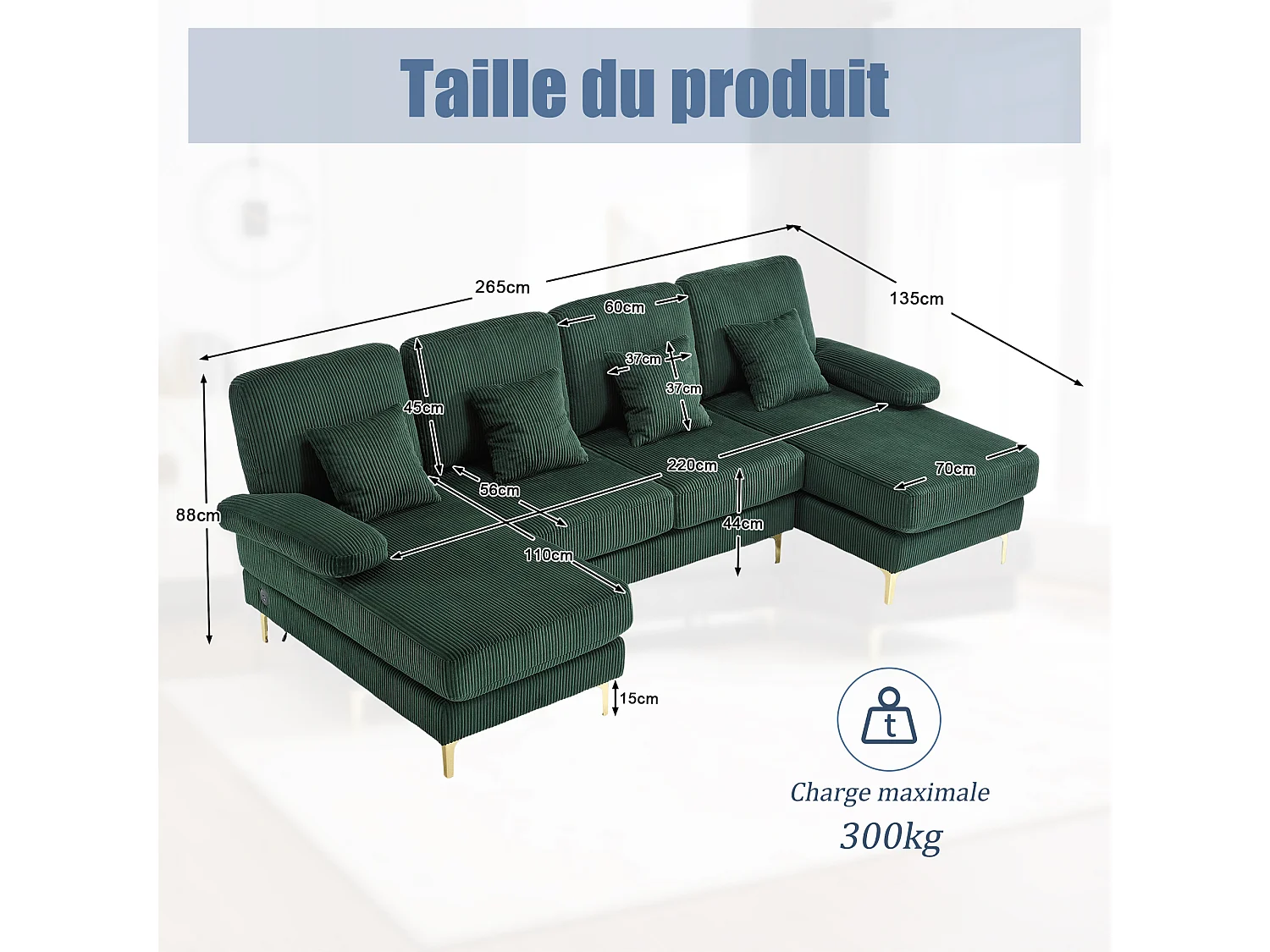 Canapé 4 places - Canapé d'angle modulable en velours vert - Coussins amovibles double épaisseur - LED intégré et port USB - confort ergonomique et soutien optimal