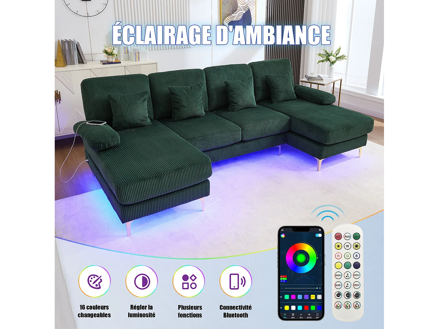 Canapé 4 places - Canapé d'angle modulable en velours vert - Coussins amovibles double épaisseur - LED intégré et port USB - confort ergonomique et soutien optimal