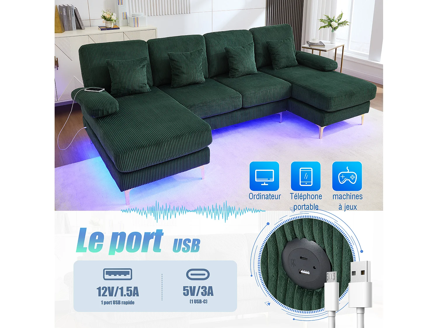 Canapé 4 places - Canapé d'angle modulable en velours vert - Coussins amovibles double épaisseur - LED intégré et port USB - confort ergonomique et soutien optimal