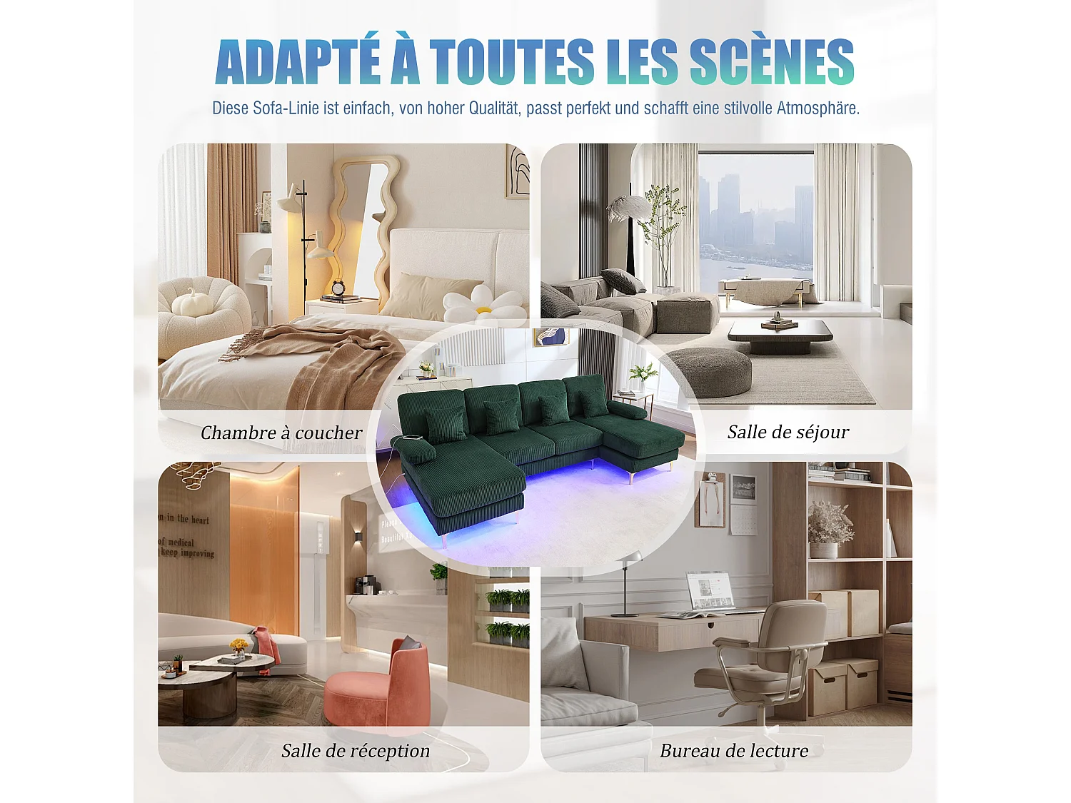 Canapé 4 places - Canapé d'angle modulable en velours vert - Coussins amovibles double épaisseur - LED intégré et port USB - confort ergonomique et soutien optimal
