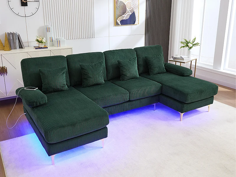 Canapé 4 places - Canapé d'angle modulable en velours vert - Coussins amovibles double épaisseur - LED intégré et port USB - confort ergonomique et soutien optimal