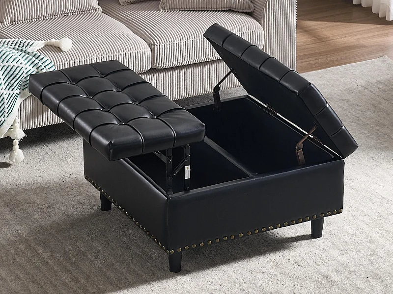 Pouf coffre en simili-cuir noir - Repose-pieds – mousse haute résilience - idéal pour le salon ou l’entrée