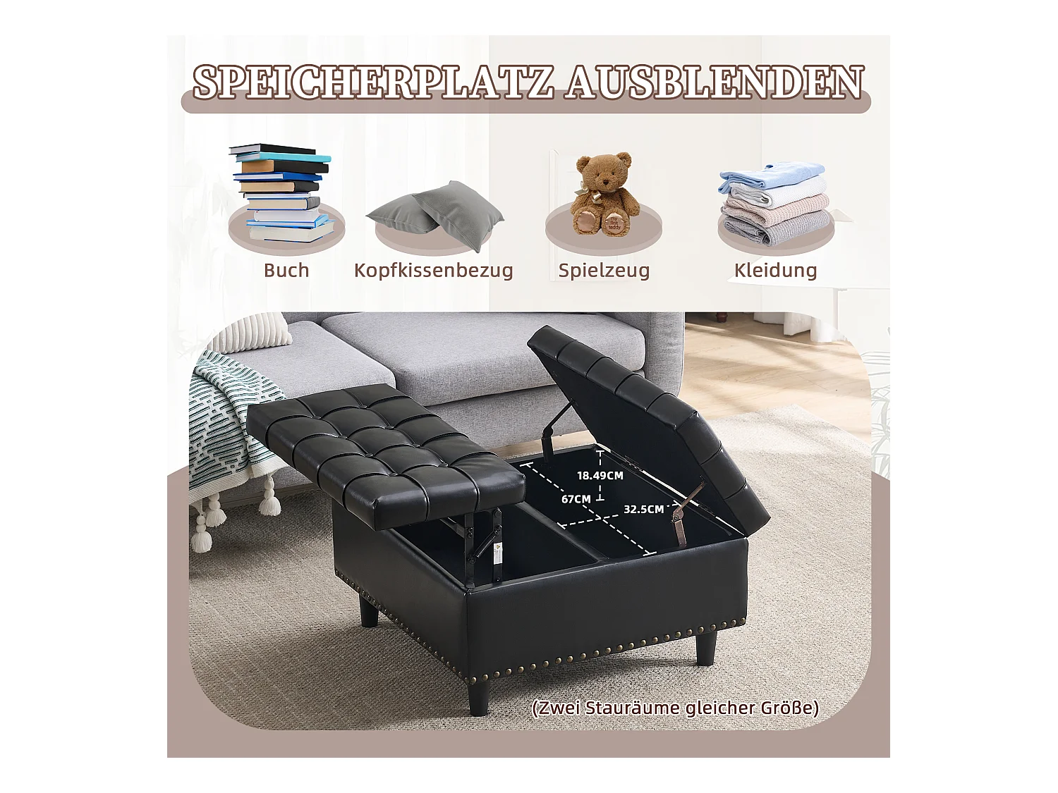 Pouf coffre en simili-cuir noir - Repose-pieds – mousse haute résilience - idéal pour le salon ou l’entrée