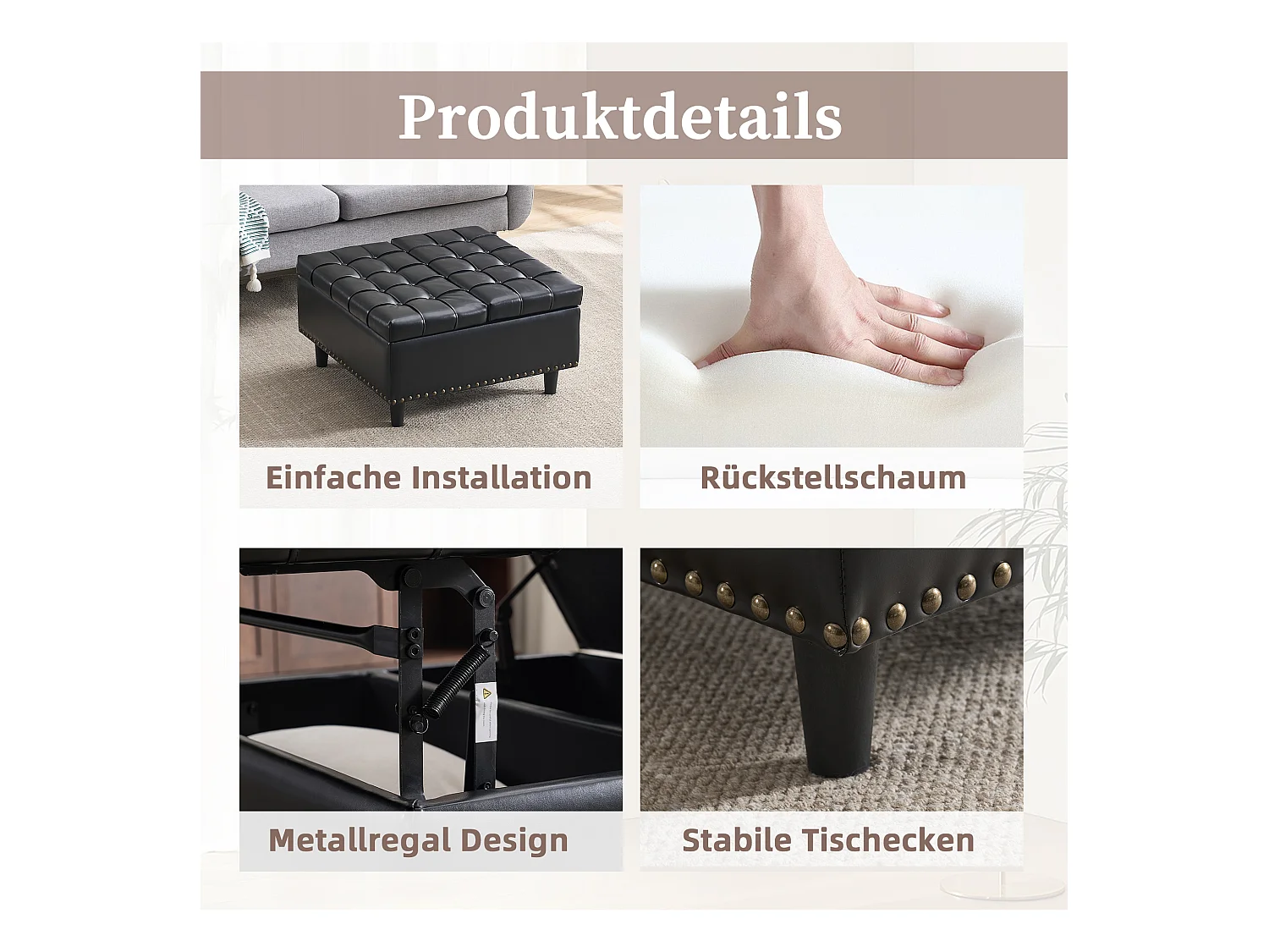 Pouf coffre en simili-cuir noir - Repose-pieds – mousse haute résilience - idéal pour le salon ou l’entrée