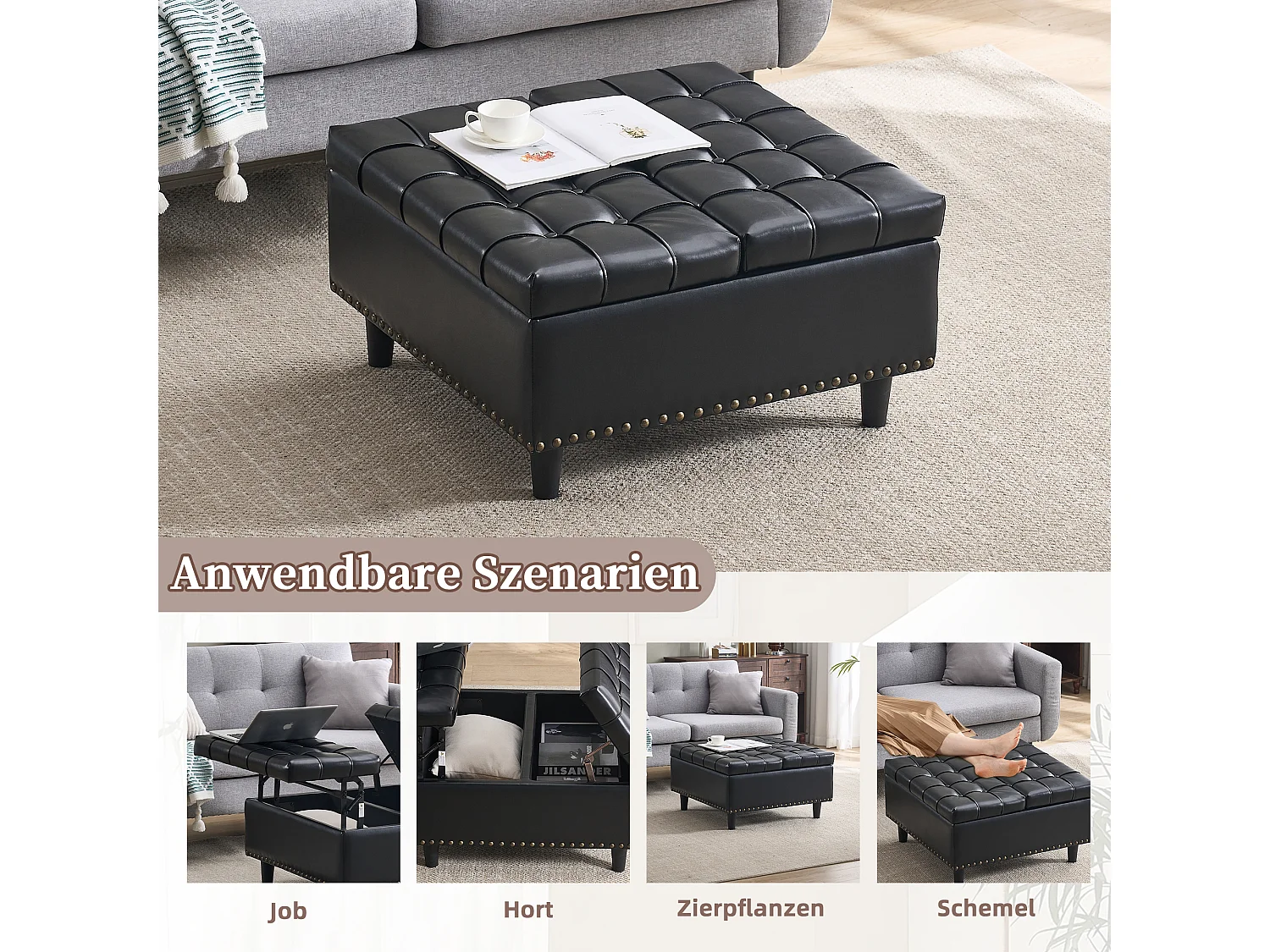 Pouf coffre en simili-cuir noir - Repose-pieds – mousse haute résilience - idéal pour le salon ou l’entrée