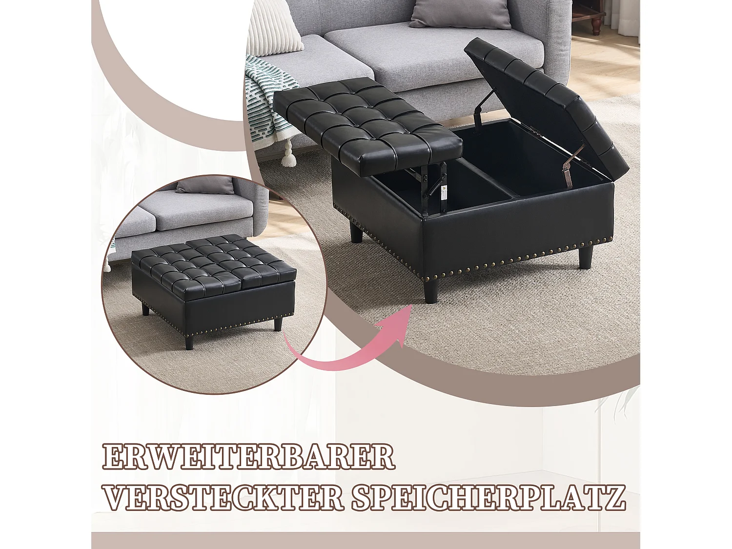 Pouf coffre en simili-cuir noir - Repose-pieds – mousse haute résilience - idéal pour le salon ou l’entrée