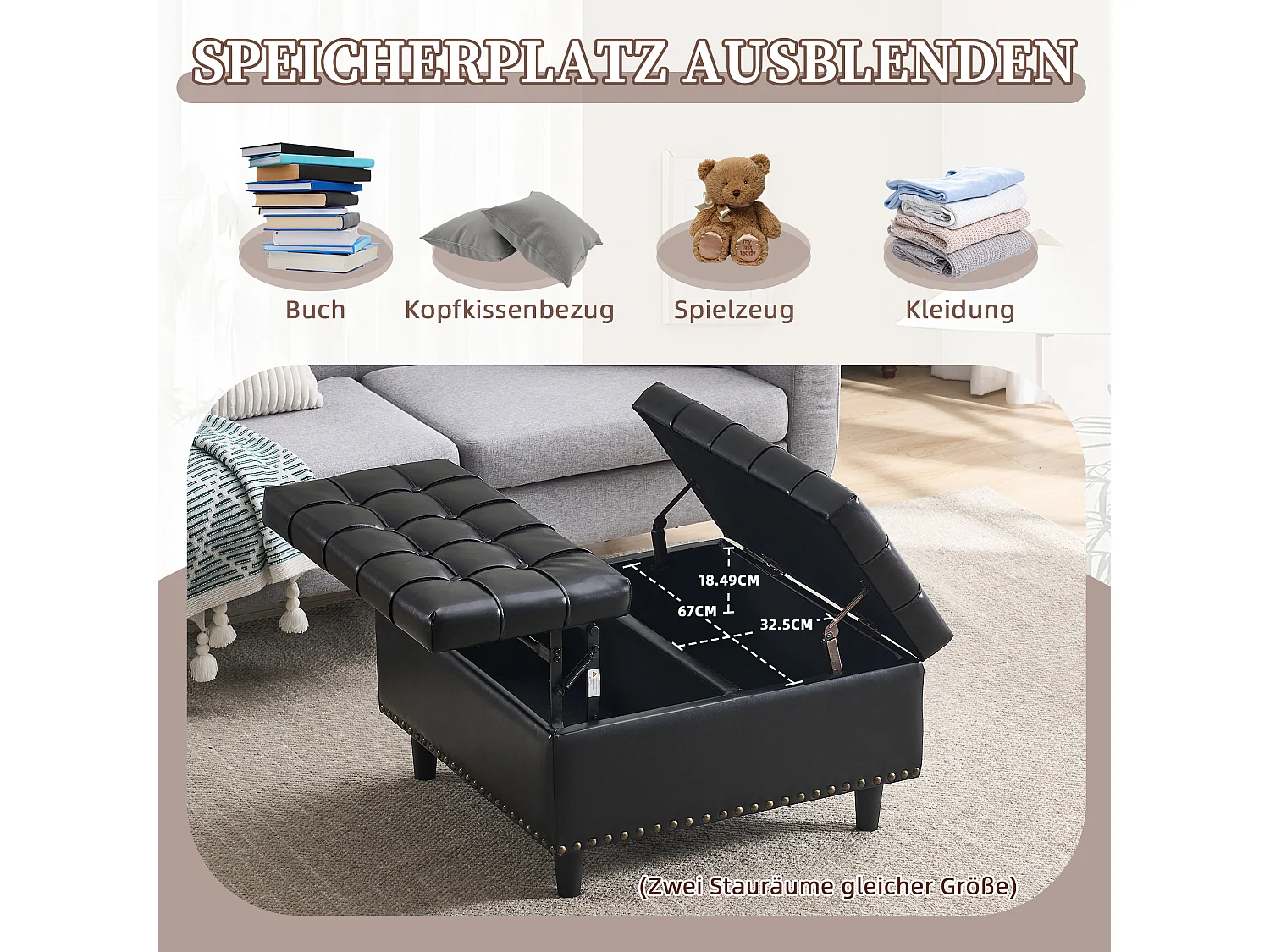 Pouf coffre en simili-cuir noir - Repose-pieds – mousse haute résilience - idéal pour le salon ou l’entrée