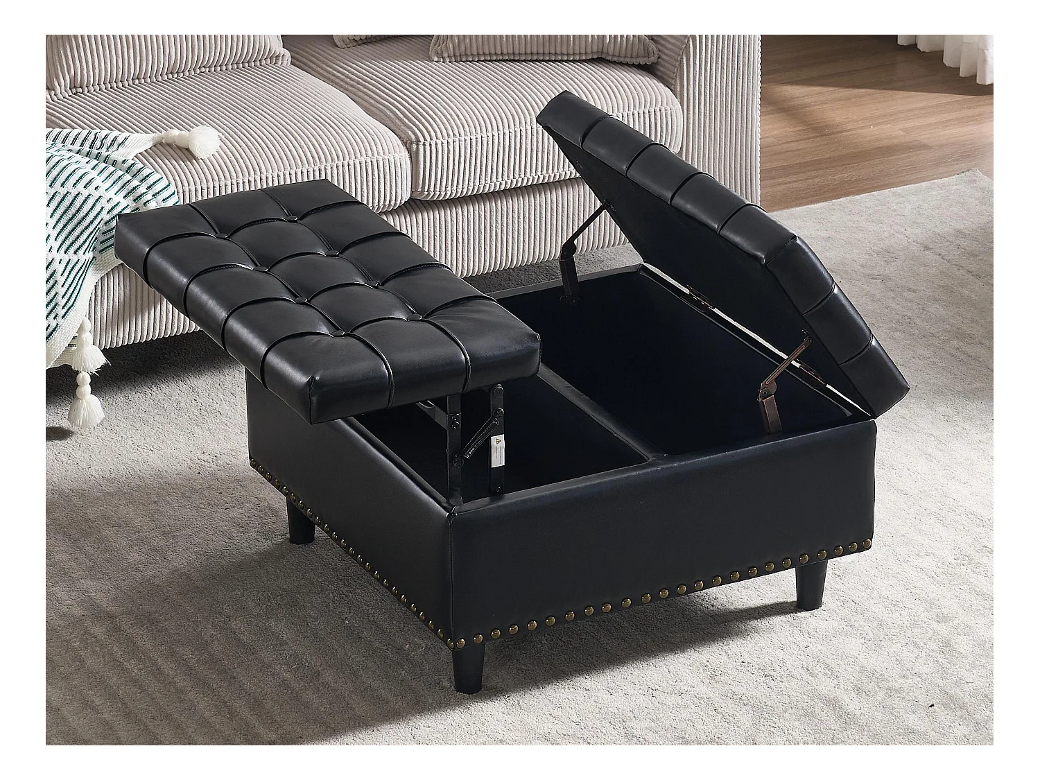 Pouf coffre en simili-cuir noir - Repose-pieds – mousse haute résilience - idéal pour le salon ou l’entrée