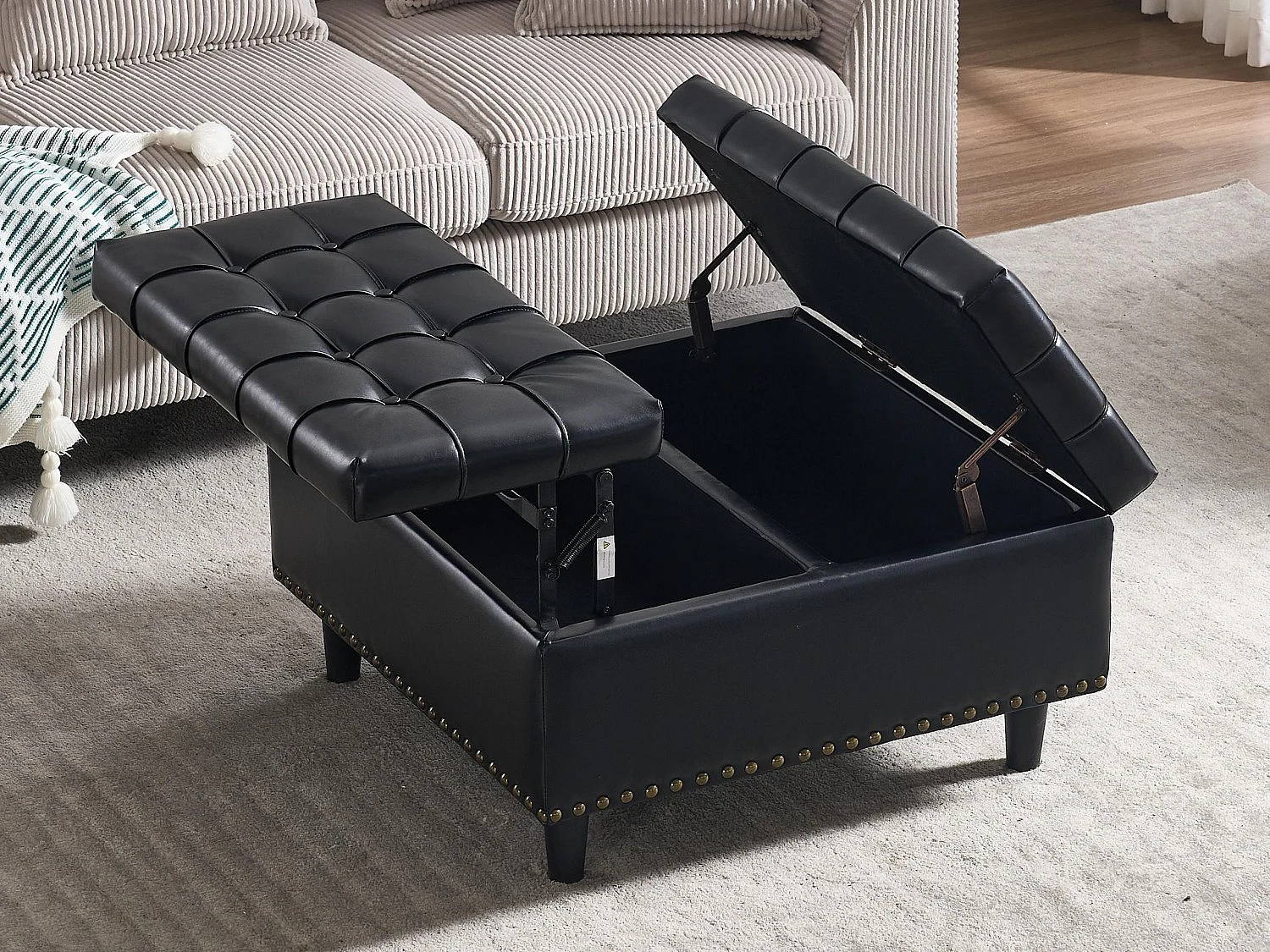 Pouf coffre en simili-cuir noir - Repose-pieds – mousse haute résilience - idéal pour le salon ou l’entrée