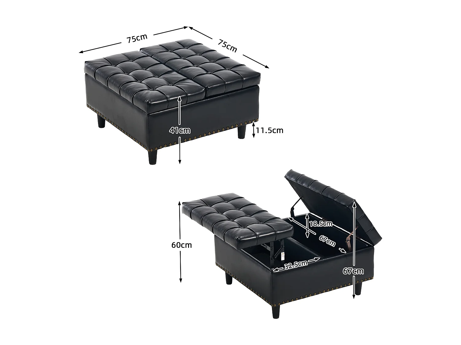 Pouf coffre en simili-cuir noir - Repose-pieds – mousse haute résilience - idéal pour le salon ou l’entrée