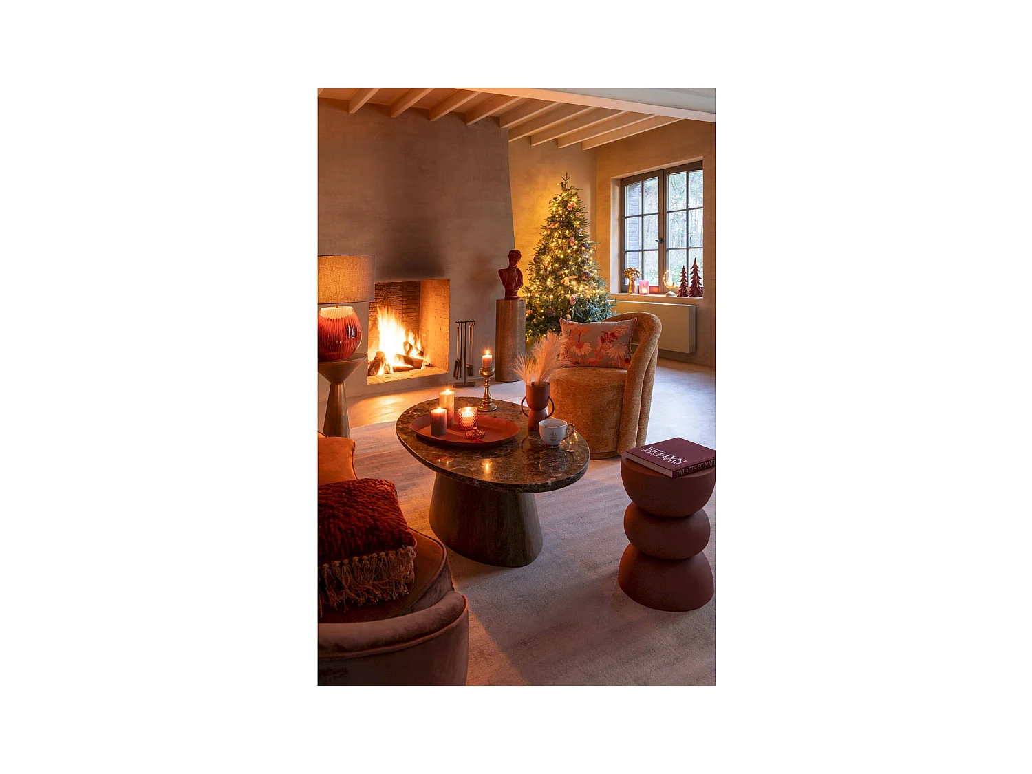 Table basse ovale en marbre et bois de manguier marron