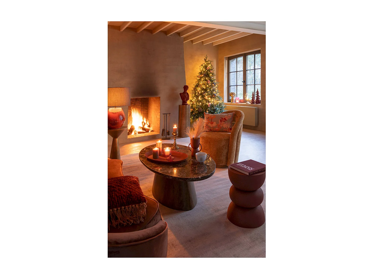 Table basse ovale en marbre et bois de manguier marron