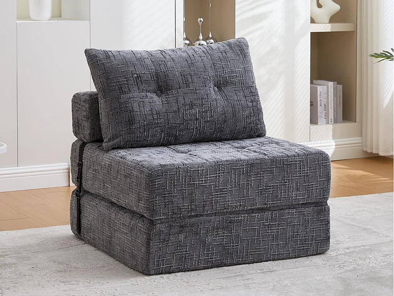 Canapé 1 place convertible en tissu chenille gris - Canapé lit 2 en 1 - Assise haute résilience - pour salon, studio ou chambre d’amis