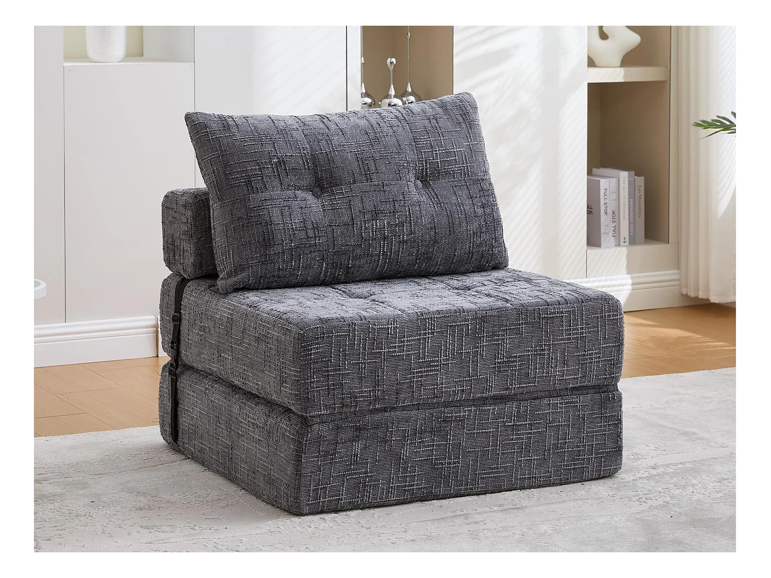 Canapé 1 place convertible en tissu chenille gris - Canapé lit 2 en 1 - Assise haute résilience - pour salon, studio ou chambre d’amis