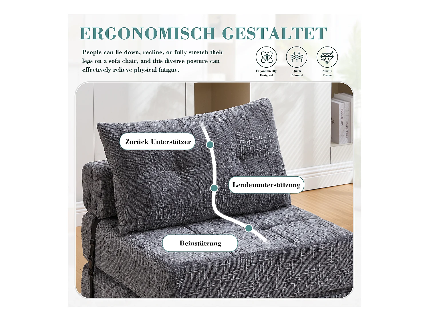 Canapé 1 place convertible en tissu chenille gris - Canapé lit 2 en 1 - Assise haute résilience - pour salon, studio ou chambre d’amis