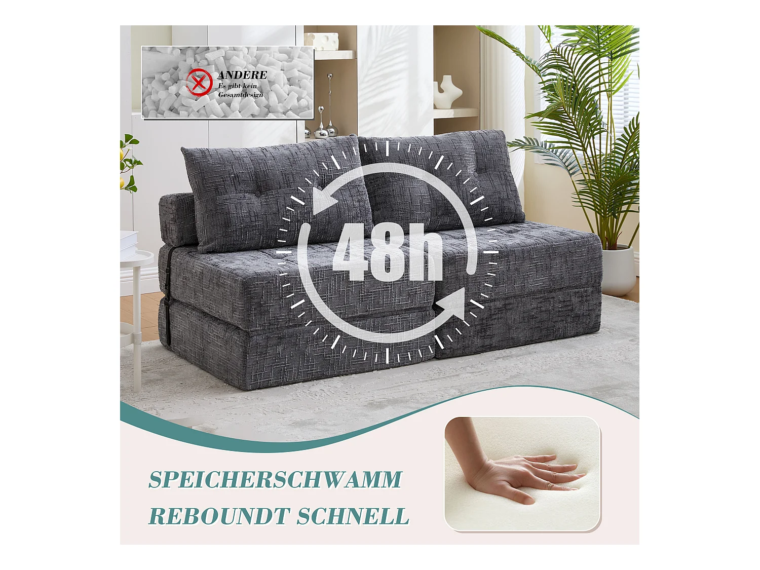 Canapé 1 place convertible en tissu chenille gris - Canapé lit 2 en 1 - Assise haute résilience - pour salon, studio ou chambre d’amis