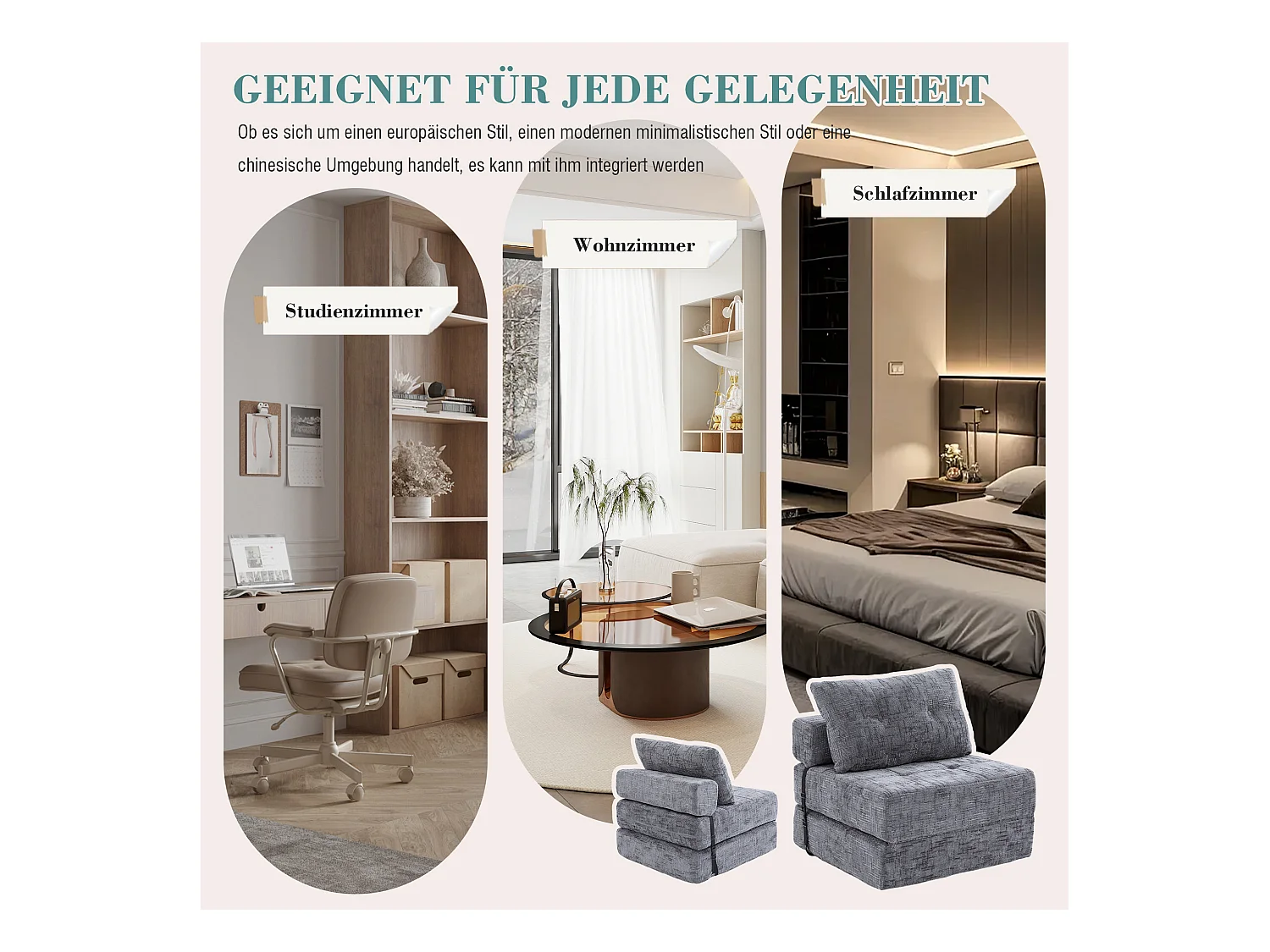 Canapé 1 place convertible en tissu chenille gris - Canapé lit 2 en 1 - Assise haute résilience - pour salon, studio ou chambre d’amis