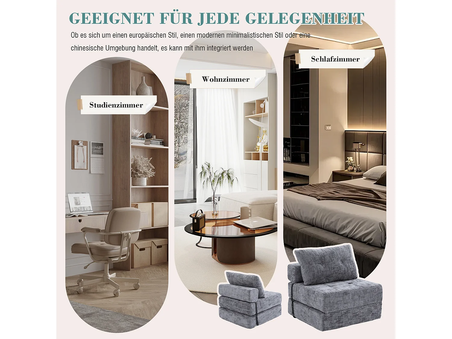 Canapé 1 place convertible en tissu chenille gris - Canapé lit 2 en 1 - Assise haute résilience - pour salon, studio ou chambre d’amis