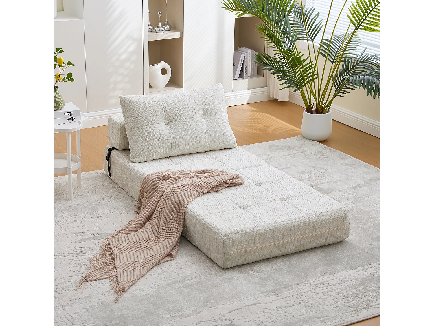 Canapé 1 place convertible en tissu chenille gris - Canapé lit 2 en 1 - Assise haute résilience - pour salon, studio ou chambre d’amis