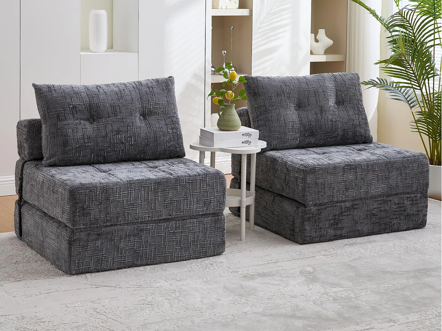 Canapé 1 place convertible en tissu chenille gris - Canapé lit 2 en 1 - Assise haute résilience - pour salon, studio ou chambre d’amis