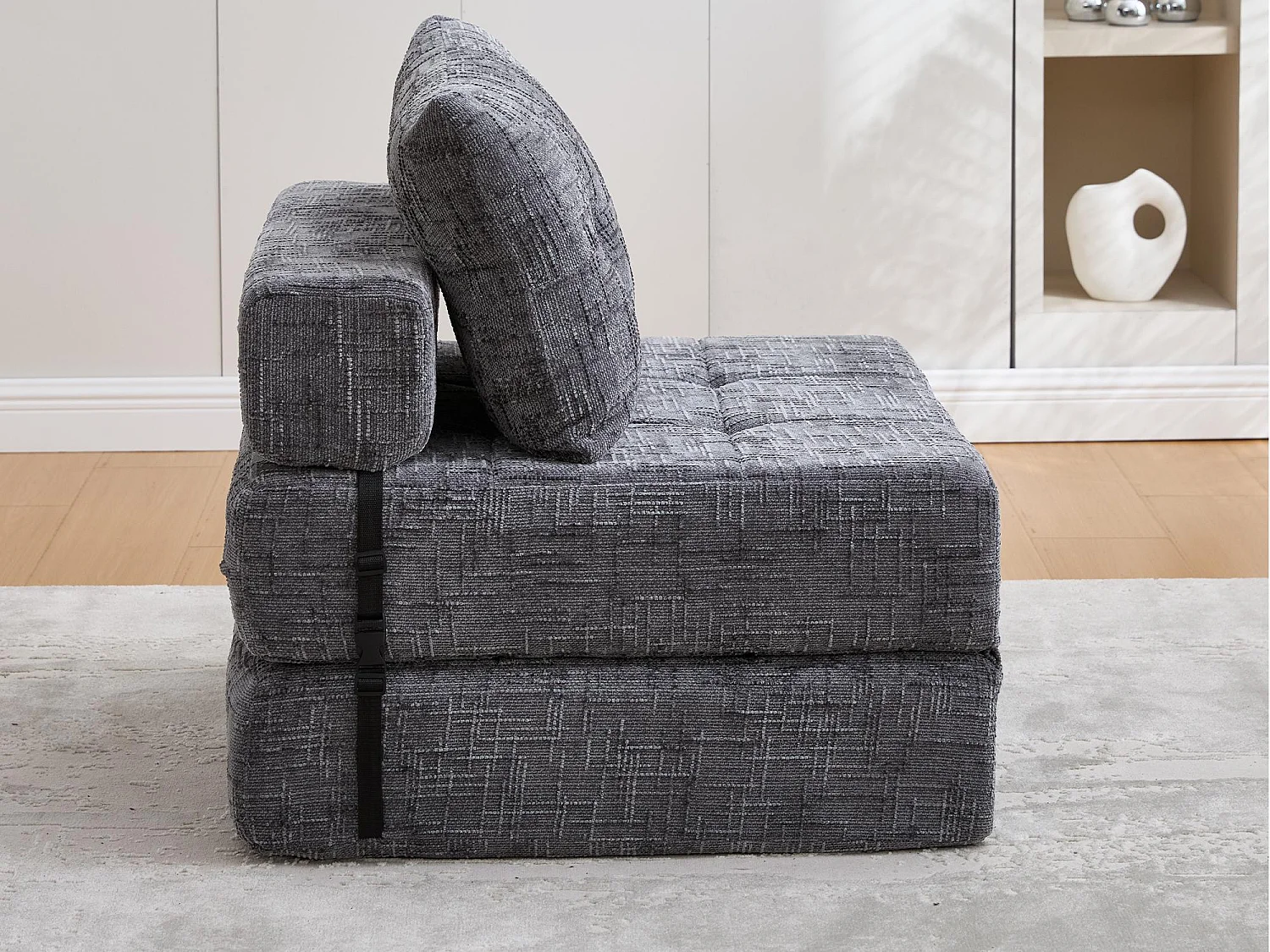 Canapé 1 place convertible en tissu chenille gris - Canapé lit 2 en 1 - Assise haute résilience - pour salon, studio ou chambre d’amis