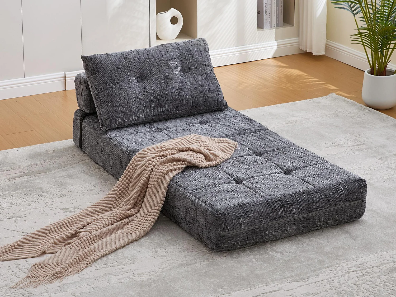 Canapé 1 place convertible en tissu chenille gris - Canapé lit 2 en 1 - Assise haute résilience - pour salon, studio ou chambre d’amis