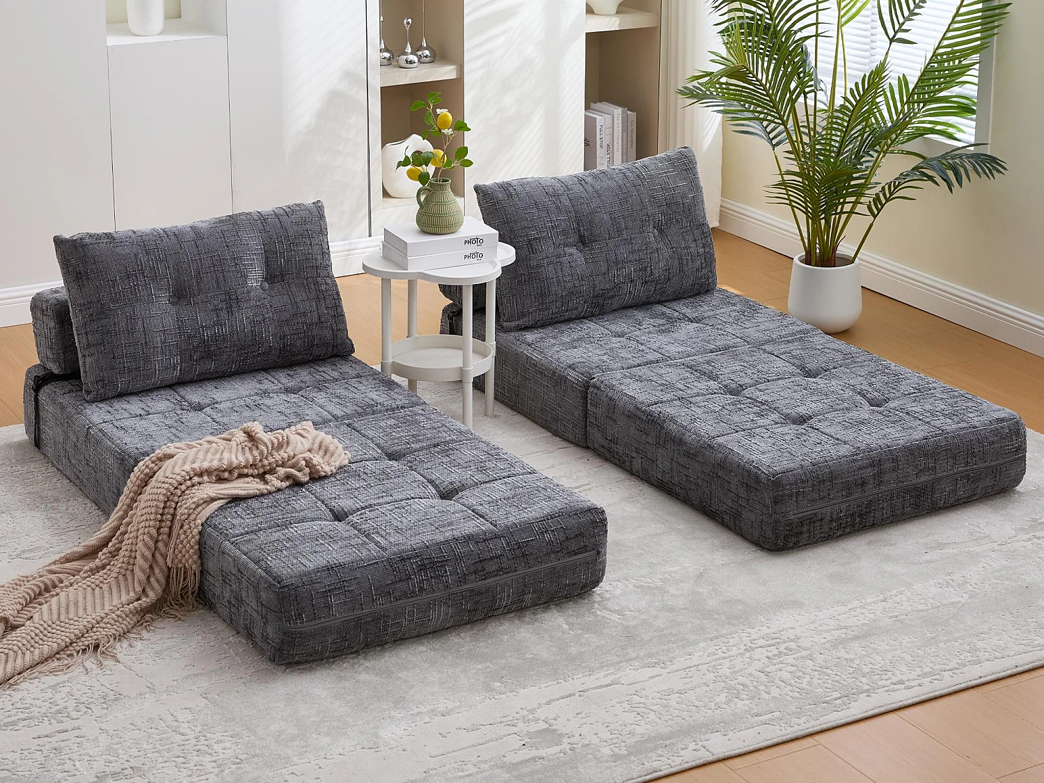 Canapé 1 place convertible en tissu chenille gris - Canapé lit 2 en 1 - Assise haute résilience - pour salon, studio ou chambre d’amis