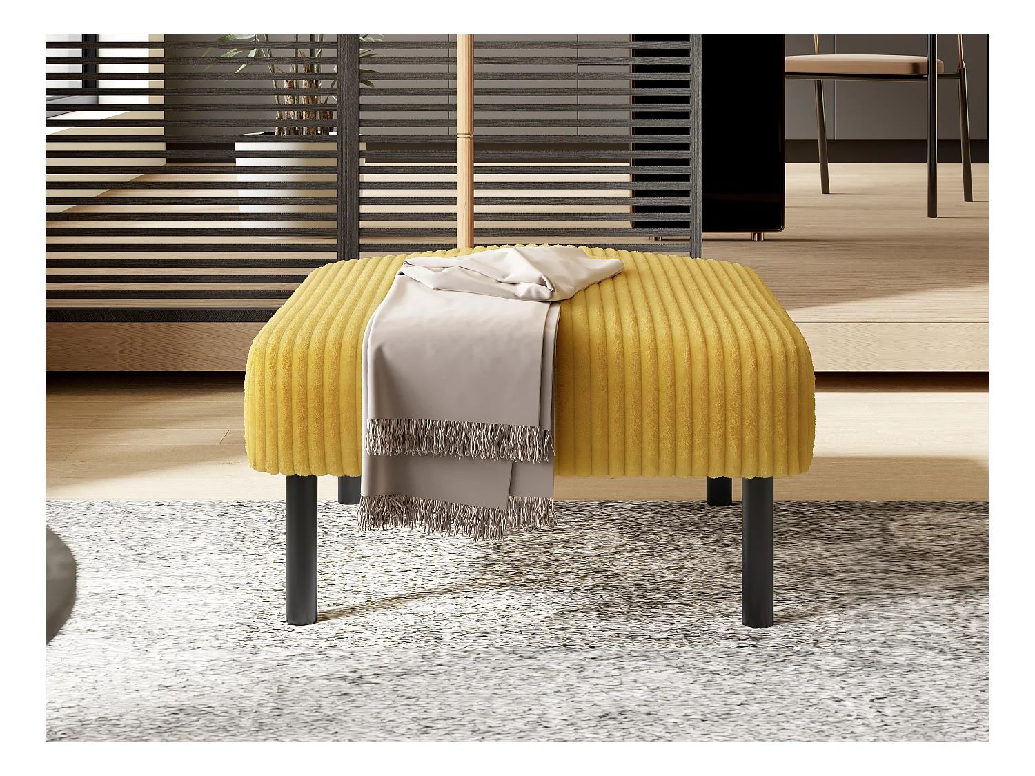 Pouf velours côtelé beige à assise haute résilience - Pouf multifonction - Idéal pour salon cosy ou chambre