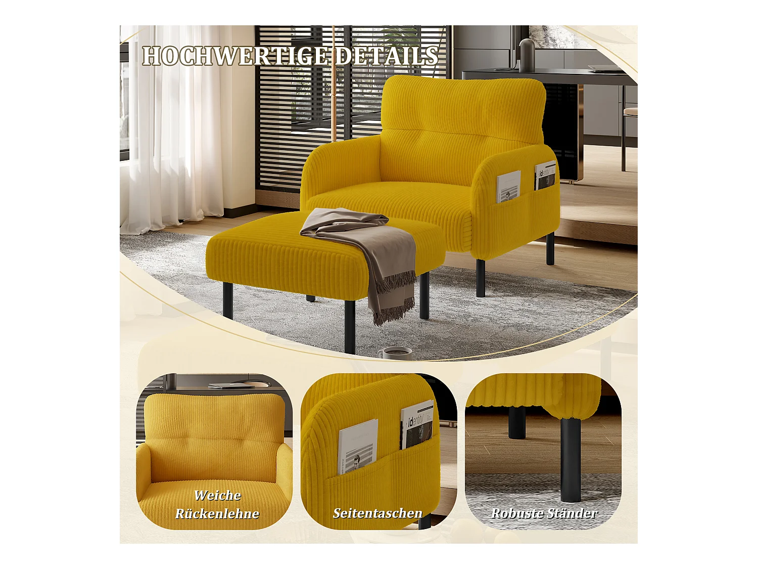 Pouf velours côtelé beige à assise haute résilience - Pouf multifonction - Idéal pour salon cosy ou chambre