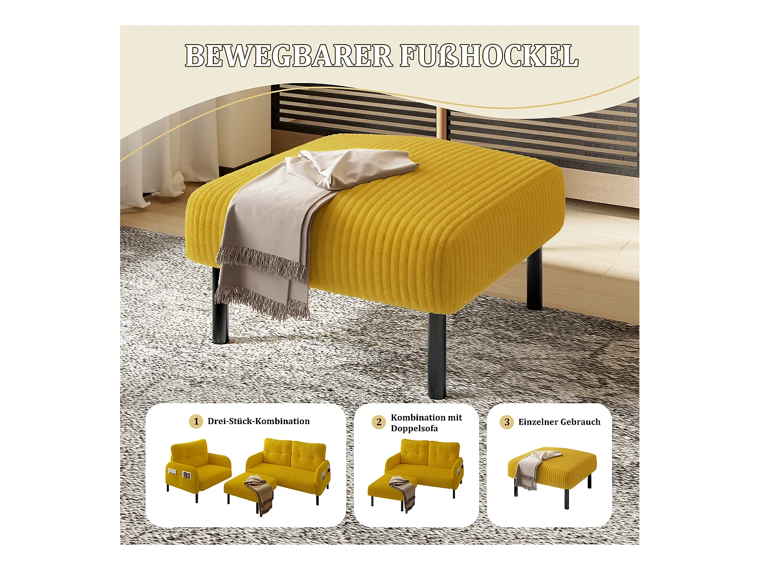 Pouf velours côtelé beige à assise haute résilience - Pouf multifonction - Idéal pour salon cosy ou chambre