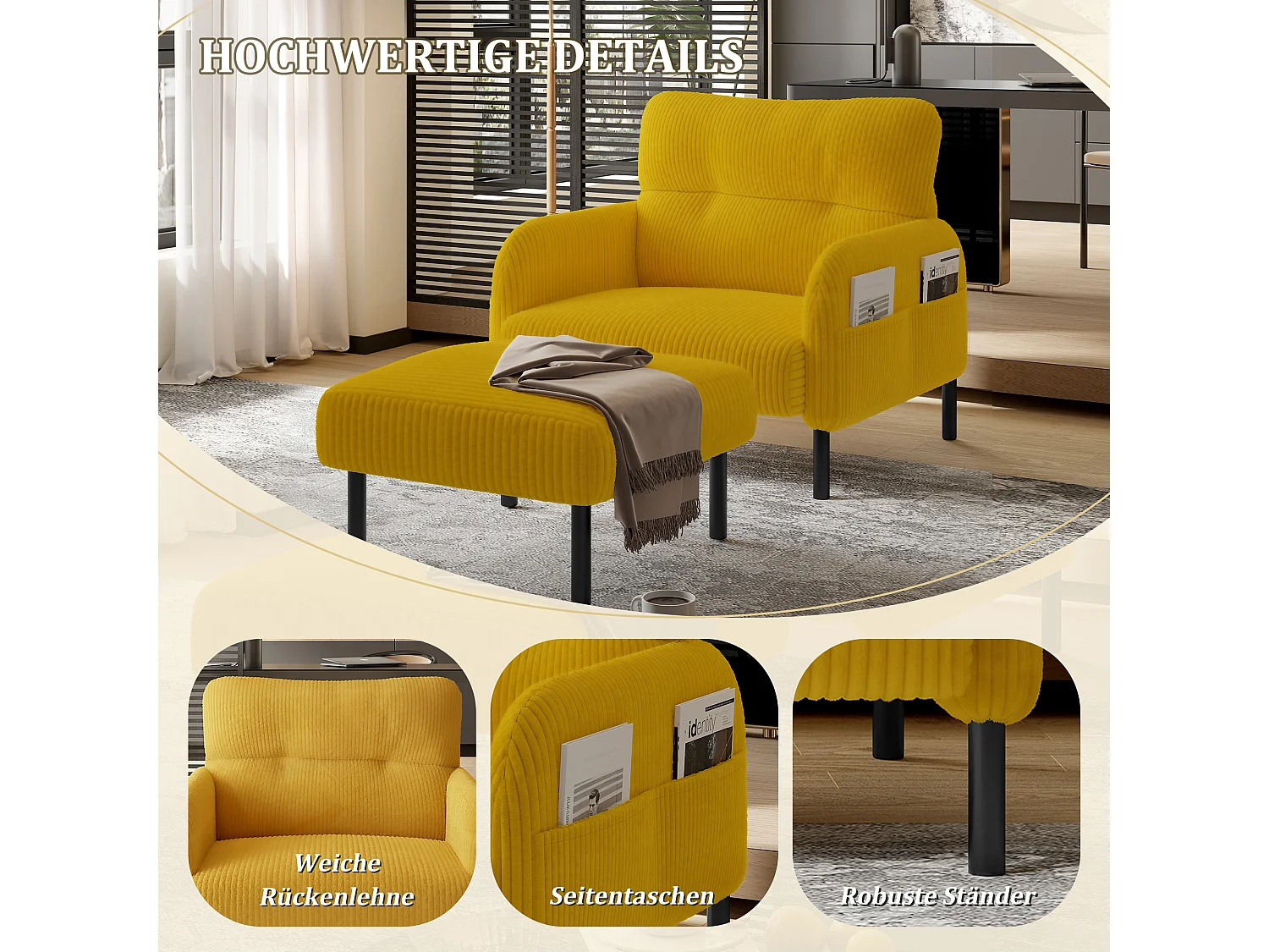 Pouf velours côtelé beige à assise haute résilience - Pouf multifonction - Idéal pour salon cosy ou chambre