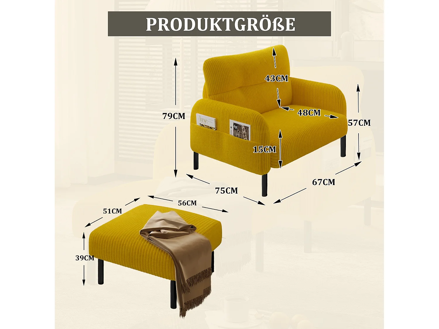 Pouf velours côtelé beige à assise haute résilience - Pouf multifonction - Idéal pour salon cosy ou chambre