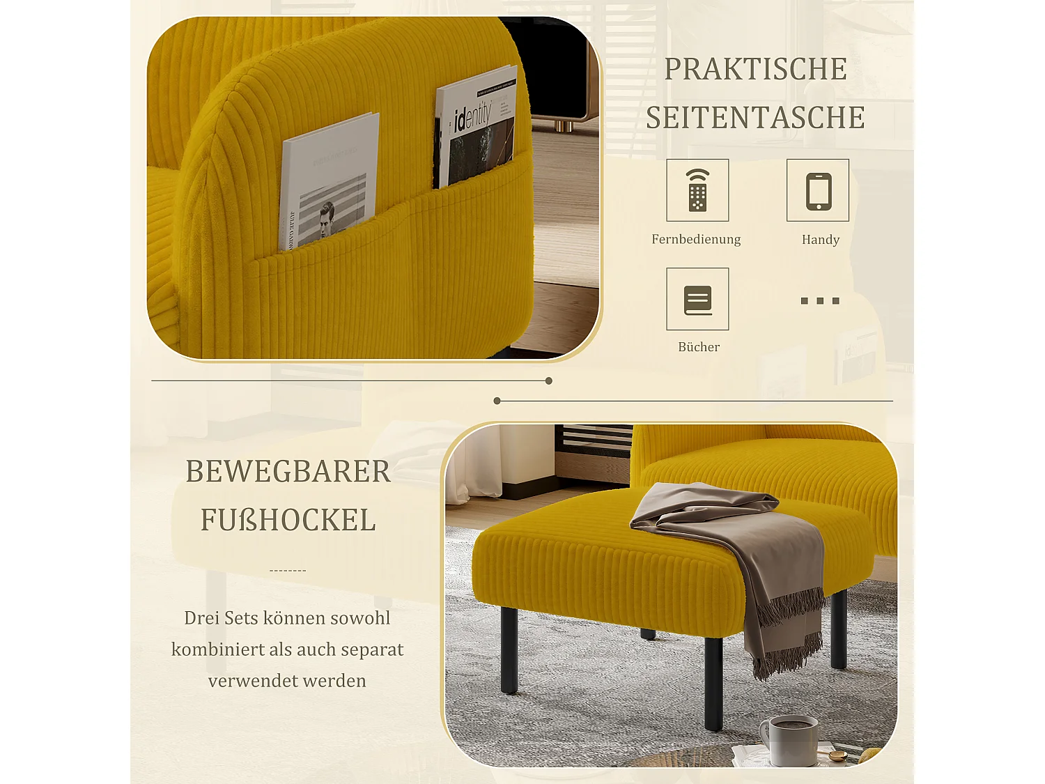 Pouf velours côtelé beige à assise haute résilience - Pouf multifonction - Idéal pour salon cosy ou chambre