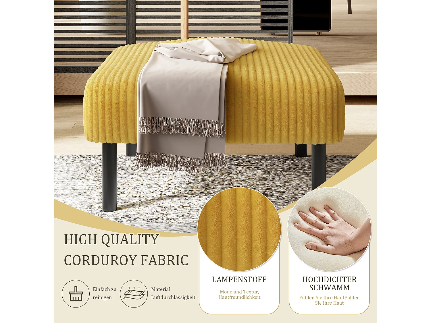 Pouf velours côtelé beige à assise haute résilience - Pouf multifonction - Idéal pour salon cosy ou chambre