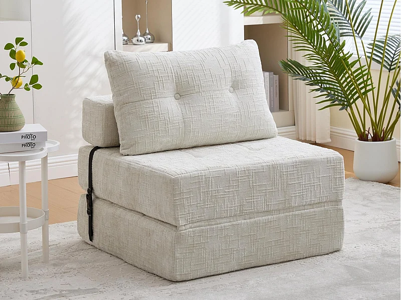 Canapé 1 place convertible en tissu chenille beige - Canapé lit 2 en 1 - Assise haute résilience - pour salon, studio ou chambre d’amis