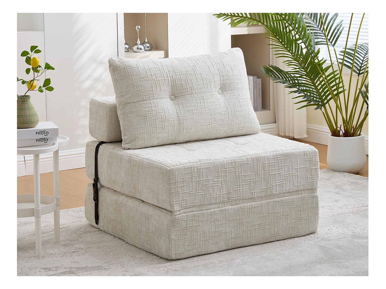 Canapé 1 place convertible en tissu chenille beige - Canapé lit 2 en 1 - Assise haute résilience - pour salon, studio ou chambre d’amis