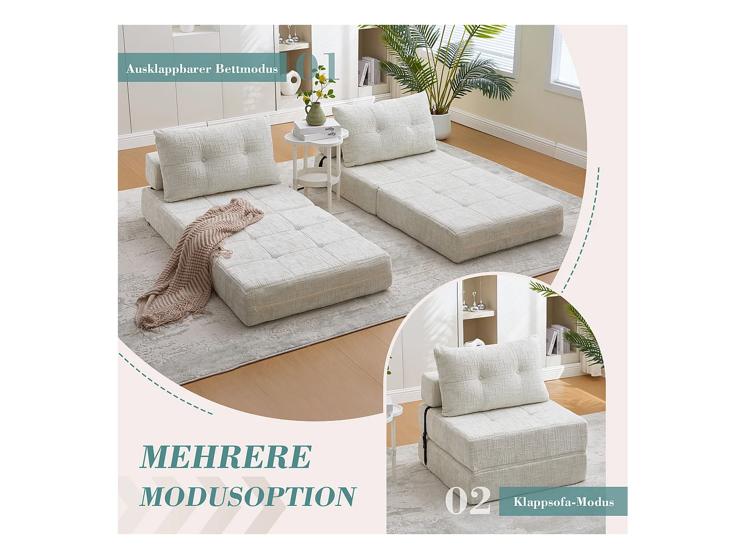 Canapé 1 place convertible en tissu chenille beige - Canapé lit 2 en 1 - Assise haute résilience - pour salon, studio ou chambre d’amis