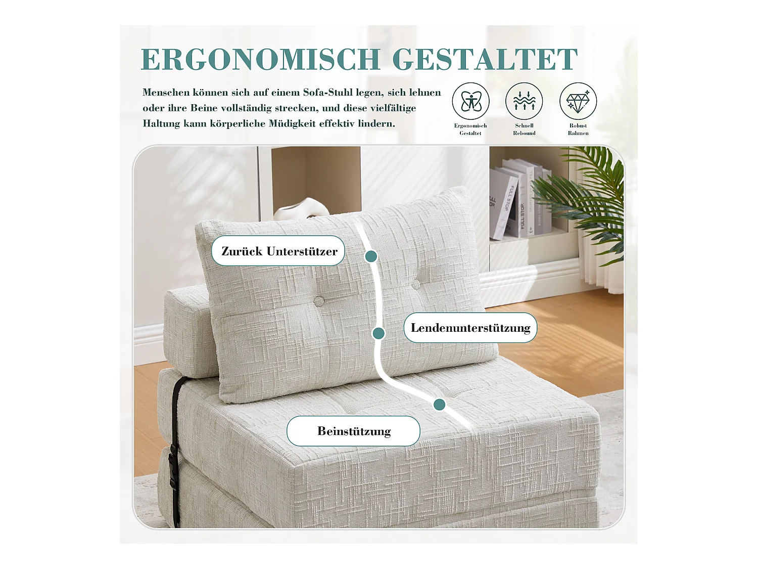 Canapé 1 place convertible en tissu chenille beige - Canapé lit 2 en 1 - Assise haute résilience - pour salon, studio ou chambre d’amis