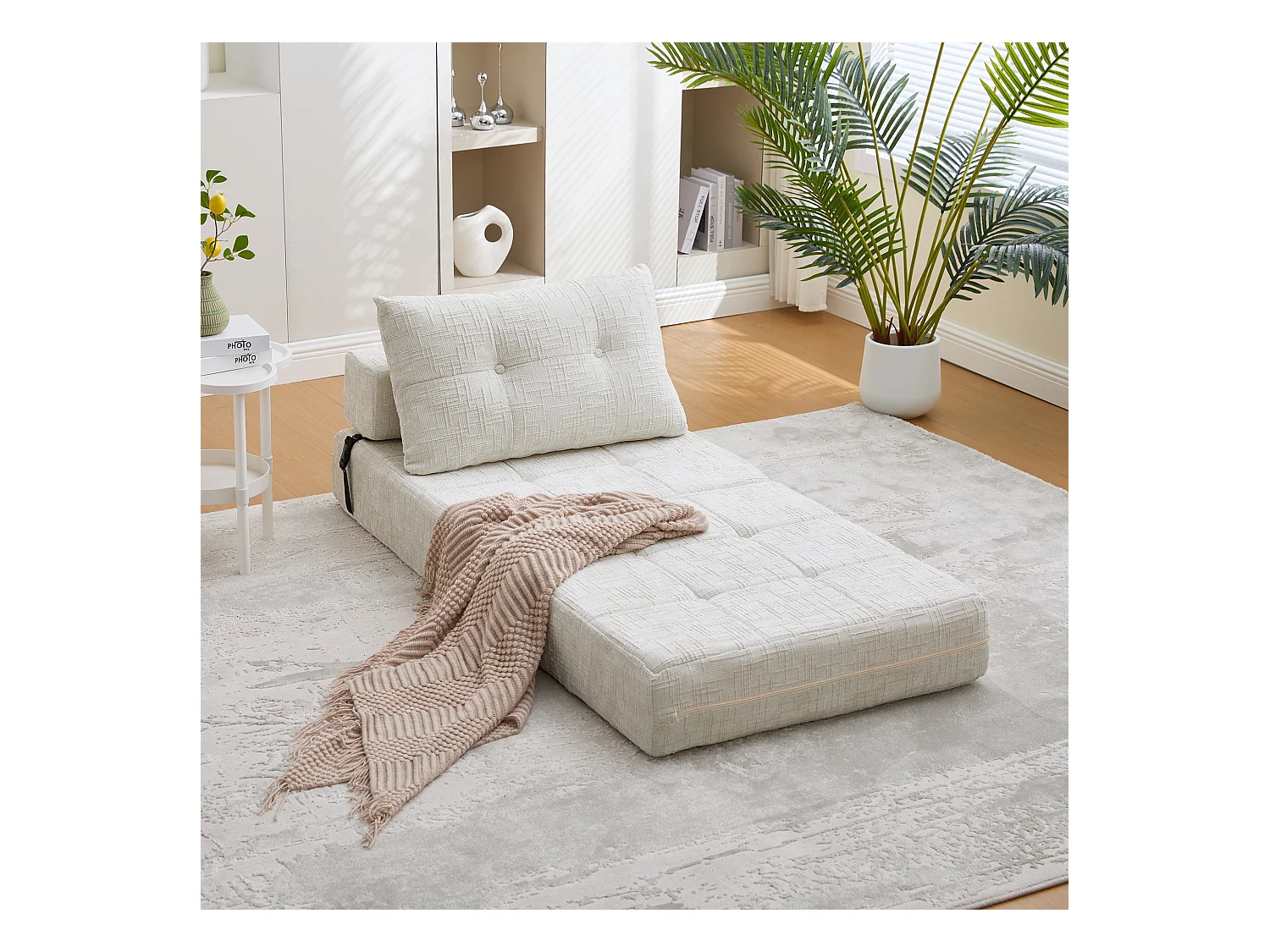 Canapé 1 place convertible en tissu chenille beige - Canapé lit 2 en 1 - Assise haute résilience - pour salon, studio ou chambre d’amis