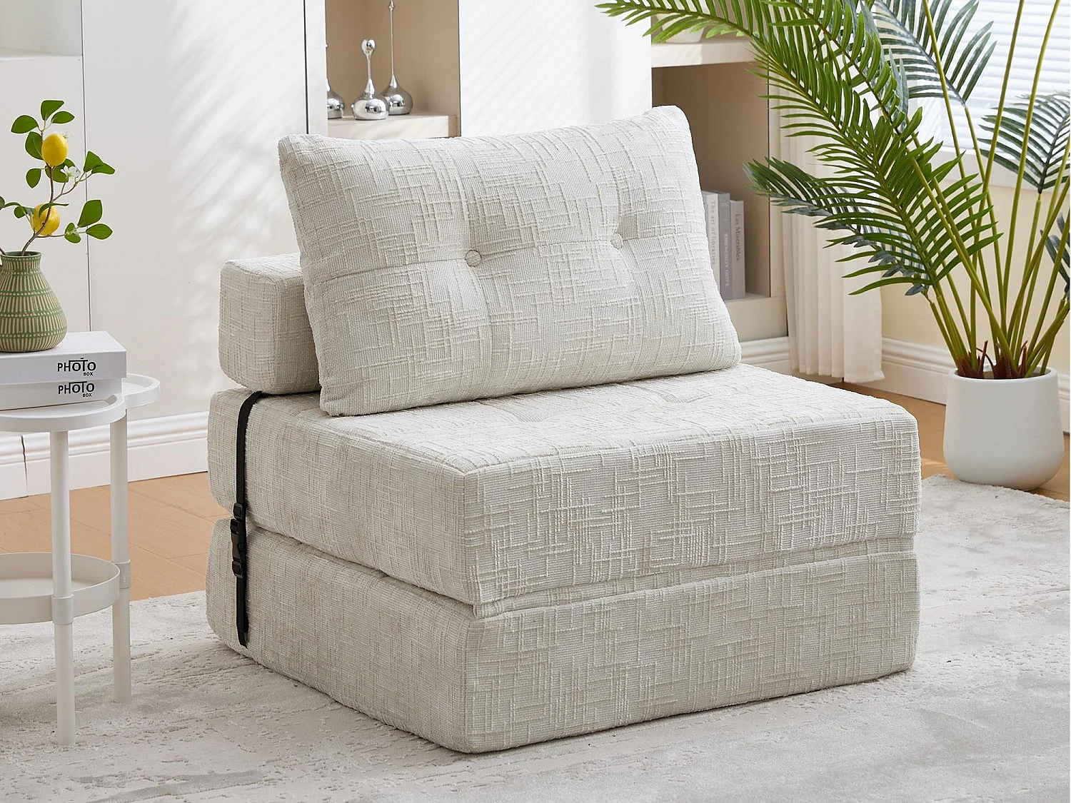 Canapé 1 place convertible en tissu chenille beige - Canapé lit 2 en 1 - Assise haute résilience - pour salon, studio ou chambre d’amis